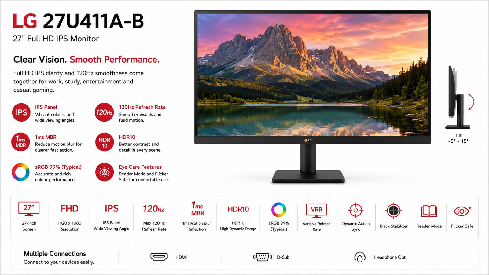 LG 27U411A-B, LG Monitor, 27-Inch Full HD IPS Display, 1920x1080 Resolution, 120Hz Refresh Rate, 1ms MBR, HDR10, sRGB 99%, HDMI, D-Sub, Headphone Out, Virtually Borderless Tilt-Adjustable Design | 27U411A-B